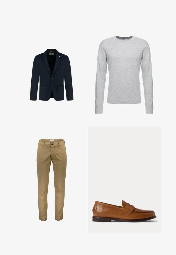Mørkeblå skræddersyet blazer med to forlommer, to knapper og slået krave; lavet af glat stof med en subtil tekstur.; Lys grå sweater, lange ærmer, rund hals, blød tekstur, minimalistisk design, lille logomærke på den nederste venstre søm.; Lindbergh SUPERFLEX CHINO PANTS - Chino - deep sand; Brun læder penny loafer sko med lav hæl og syninger langs fronten og siderne, vist fra siden på en hvid baggrund.