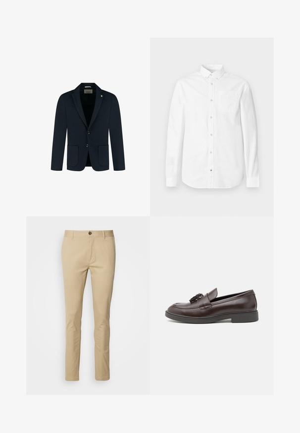 Blazer ajusté bleu marine avec deux poches avant, deux boutons et un col à revers ; fabriqué en tissu lisse avec une texture subtile.; Chemise blanche à manches longues en coton. Elle présente un col boutonné, une poche avant et une texture subtile. Ourlet droit avec fermetures à boutons.; Chinos beige avec une coupe slim, en coton. Comprend une fermeture à bouton, des passants de ceinture et des détails de couture subtils sur les poches.; Mocassins en cuir marron avec un bout arrondi, un gland décoratif, des coutures raffinées et un petit talon en caoutchouc pour un confort supplémentaire.