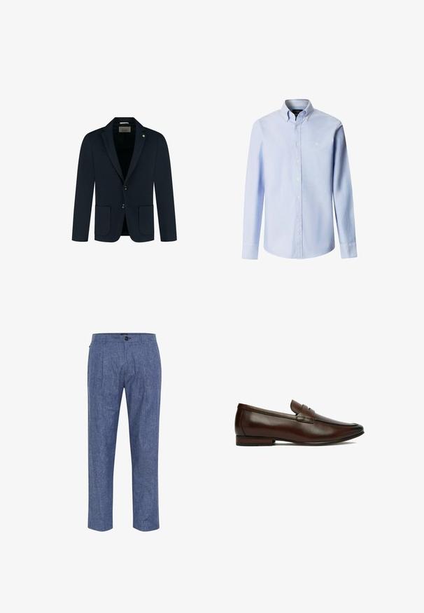 Námornícky modrý sakový blazer s dvoma prednými vreckami, dvoma gombíkmi a klopovou límcom; vyrobený z hladkej tkaniny s jemnou textúrou.; Svetlomodrá košeľa s dlhým rukávom na gombíky, golier so zapínaním na gombíky a malým bielym vyšívaným logom na ľavej strane hrude.; Modré chambray nohavice s voľným strihom, s predným záhybom, bočnými vreckami a jedným gombíkom na zapínanie v páse.; Hnedý pánsky kožený mokasín s nízkym opätkom a detailom popruhu cez nárt, zobrazený v bočnom profile na bielom pozadí.