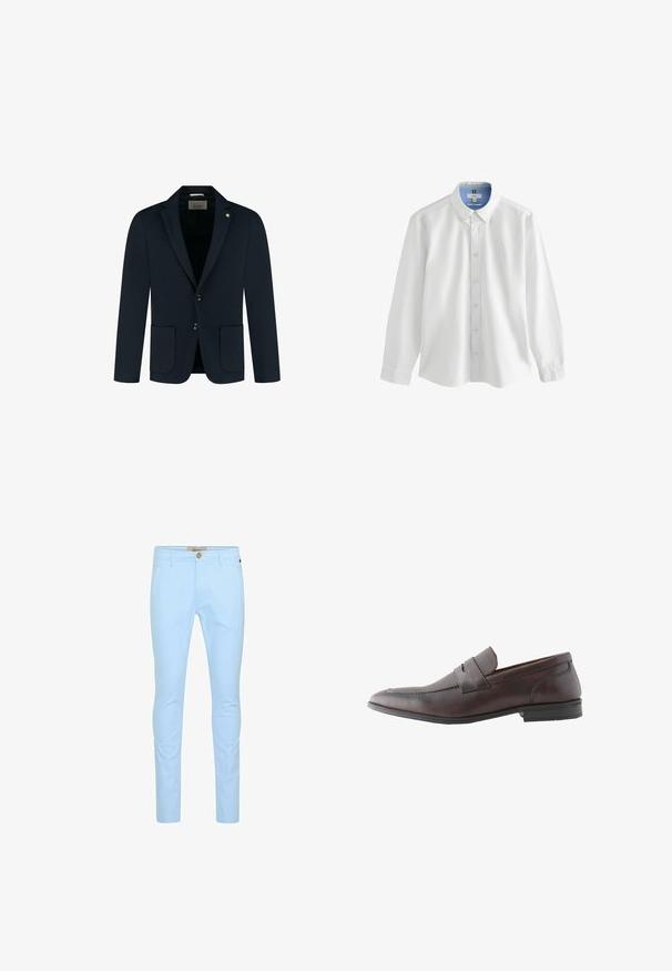 Námornícky modrý sakový blazer s dvoma prednými vreckami, dvoma gombíkmi a klopovou límcom; vyrobený z hladkej tkaniny s jemnou textúrou.; Biela košeľa s dlhými rukávmi a gombíkovým zapínaním, s modrým lemovaním okolo goliera, v klasickom strihu a s jemnou výšivkou na hrudi.; Svetlomodré bavlnené chinos s úzkym strihom, ktoré majú predné zapínanie na gombík, pútka na opasok a hladký povrch. Bez viditeľných vzorov alebo akcentov.; Tmavohnedá kožená pánska mokasína s nízkym podpätkom a prešitým pásikom cez hornú časť.