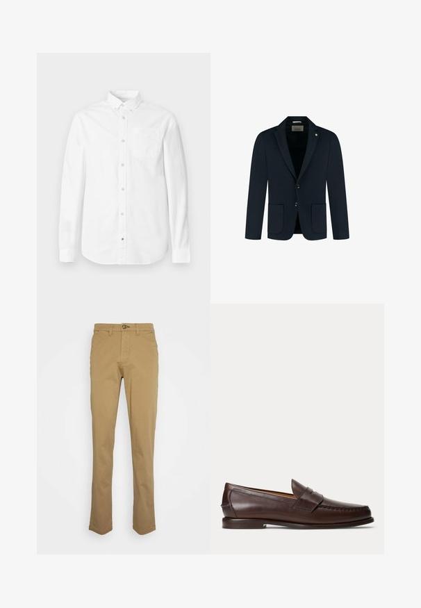 Navyblauw op maat gemaakte blazer met twee voorzakken, twee knopen en een gekarteld revers; gemaakt van een gladde stof met een subtiele textuur.; Witte blouse met lange mouwen van katoen. Voorzien van een button-down kraag, voorzak en subtiele textuur. Rechte zoom met knoopsluitingen.; Khaki chinos met een slim fit, gemaakt van een katoenmix. Voorzien van een knoopsluiting en standaard vijf-pocketontwerp. Soepele textuur.; Donkerbruine leren penny loafer met stikseldetails en lage gestapelde hak, van opzij gezien op een effen achtergrond.
