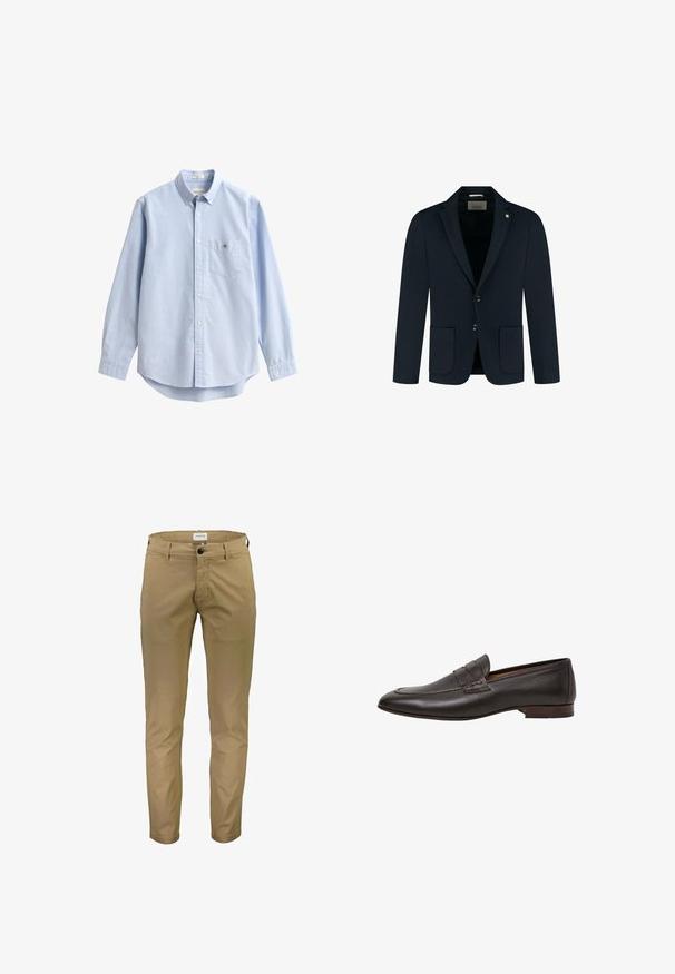 Námornícky modrý sakový blazer s dvoma prednými vreckami, dvoma gombíkmi a klopovou límcom; vyrobený z hladkej tkaniny s jemnou textúrou.; Svetlomodrá košeľa na zapínanie vyrobená z bavlny. Má náprsné vrecko, dlhé rukávy a klasický golier. Hladká textúra s zaobleným spodným okrajom.; Lindbergh SUPERFLEX CHINO PANTS - Nohavice chinos - deep sand; Hnedé kožené mokasíny s hladkou textúrou, špicatou špičkou a ozdobným remienkom cez priehlavok. Kožená podrážka a nízky opätok.