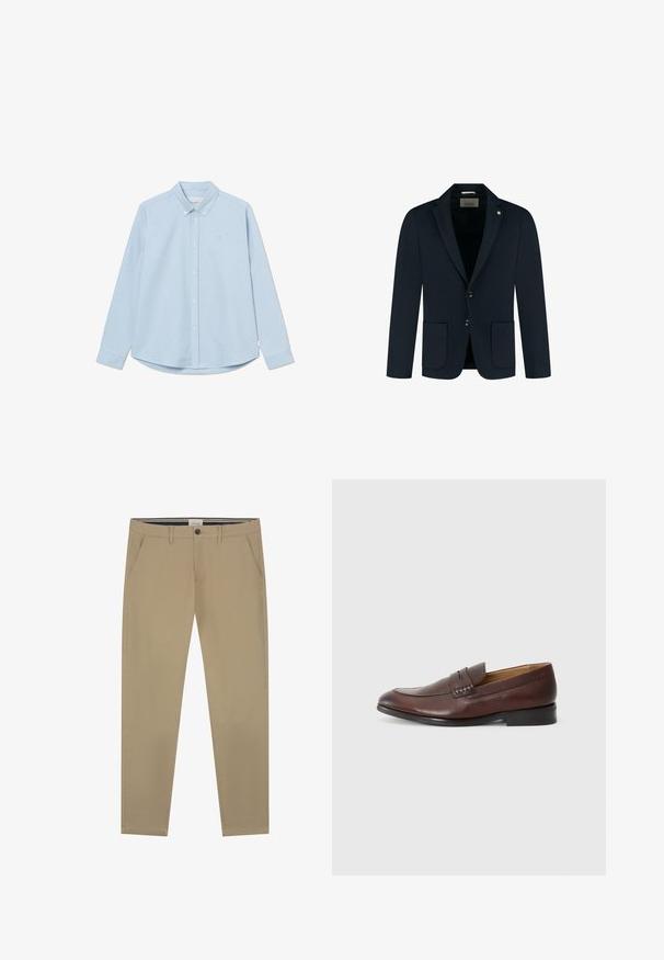 Marineblauer, taillierter Blazer mit zwei vorderen Taschen, zwei Knöpfen und einem Reverskragen; aus glattem Stoff mit einer subtilen Textur.; Himmelblaues langärmliges Button-up-Hemd mit spitzem Kragen, einem einzelnen Brustlogo und abgerundetem Saum. Hergestellt aus glattem Gewebe mit schlichter Textur.; Beige Chinos aus glattem Baumwollstoff, mit geradem Bein, einem Knopfverschluss und zwei Seitentaschen. Dezente Nähdetails.; JOOP! KLEITOS - Slipper - brown