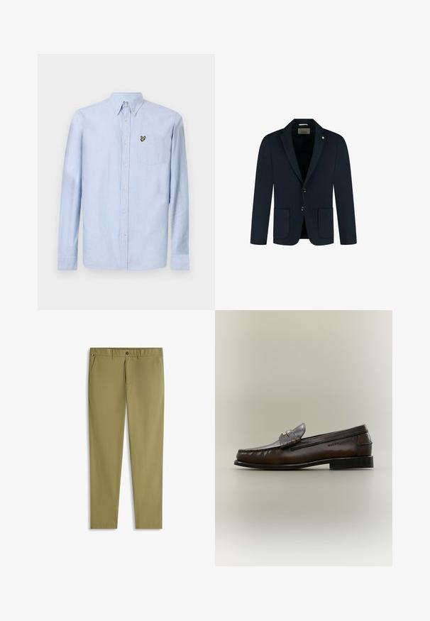 Marineblauer, taillierter Blazer mit zwei vorderen Taschen, zwei Knöpfen und einem Reverskragen; aus glattem Stoff mit einer subtilen Textur.; Hellblaues Langarmhemd mit Button-Down-Kragen, Brusttasche und gesticktem Logo. Hergestellt aus strukturiertem Baumwollstoff.; Schmal geschnittene Khakihosen für Herren mit Seitentaschen, Gürtelschlaufen, Knopfverschluss und kleinem dreifarbigen Flaggen-Detail am Bund.; Dunkelbrauner Lederloafer mit niedrigem schwarzen Absatz, Mokassinnähten und einem dekorativen Riemen über dem Spann.