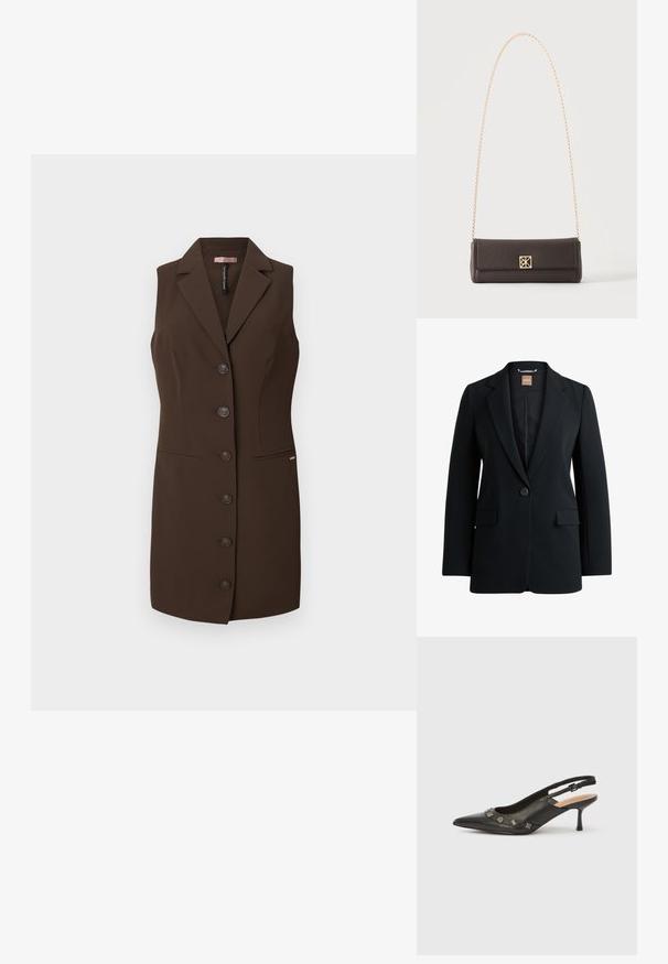 Schwarzer Blazer aus glattem Stoff, mit einem einzigen Knopfverschluss, Reverskragen, zwei vorderen Taschen und einem gesteppten Innenfutter.; Brauner ärmelloser Weste mit tailliertem Schnitt, Reverskragen und sechs Knopfverschlüssen. Verfügt über zwei Fronttaschen und eine glatte Textur.; Schwarzer Leder-Pumps mit Slingback, spitzer Spitze, kleinem Absatz und dekorativen metallischen Akzenten entlang der vorderen Öffnung. Glatte Textur.; Rechteckige dunkelbraune Ledertasche mit goldener Kettenriemen und einem kleinen quadratischen goldenen Verschluss auf der Vorderseite in der Mitte.