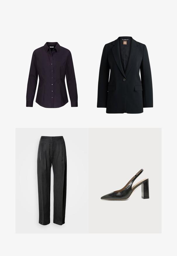 Zwarte blazer van gladde stof, met een enkele knoopsluiting, notch revers, twee voorzakken en een gequilt voering.; Zwarte damesblouse met lange mouwen, aangesloten pasvorm, knoopsluiting, kraag en naaddetails aan de zijkanten, getoond op een witte achtergrond.; Zwarte broek met wijde pijpen van gladde stof, voorzien van plooien aan de voorkant, een ritssluiting en een klassieke tailleband.; Zwarte leren slingback schoen met spits toelopend neusje, hoge blokhak en beige binnenvoering tegen een effen lichte achtergrond.
