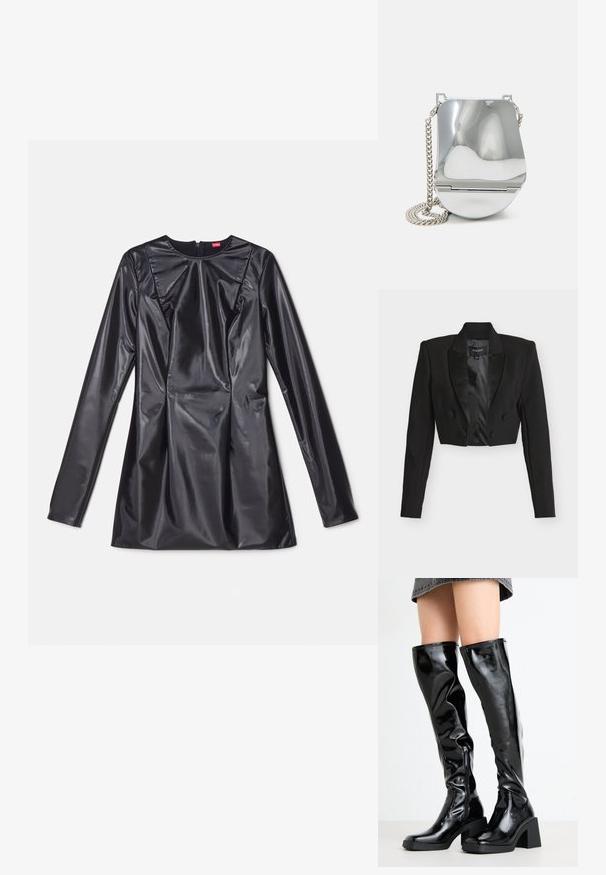 Veste courte noire avec revers en satin, boutons croisés et manches longues. Confectionnée dans un tissu texturé avec une doublure intérieure lisse.; 032c TRAPEZE TOO TIGHT MINI DRESS - Robe de soirée - black luster; Bottes noires, brillantes, montantes jusqu'aux genoux, avec un bout carré et un talon épais. Présentent une fermeture éclair latérale et un design ajusté en texture.; Sac à main métallique argenté avec une surface lisse et courbée, doté d'une bandoulière en chaîne et d'un fermoir sécurisé. Forme compacte et finition réfléchissante.