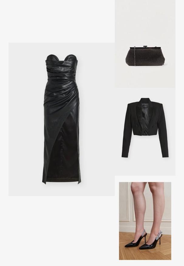 Sort cropped blazer med satin revers, dobbeltradede knapper og lange ærmer. Fremstillet af tekstureret stof med en glat indvendig foring.; Sort læder stropløs kjole med rynkede detaljer, asymmetrisk kant og glat tekstur. Har en struktureret overdel og elegant silhuet.; Kvinde iført sorte laklæder høje hæle slingback sko med hvide mærkede stropper, står på trægulv.; Sort mesh clutch-taske med en struktureret silhuet, prydet med små metalstuds, har en låsemekanisme og en aftagelig kæderekke.