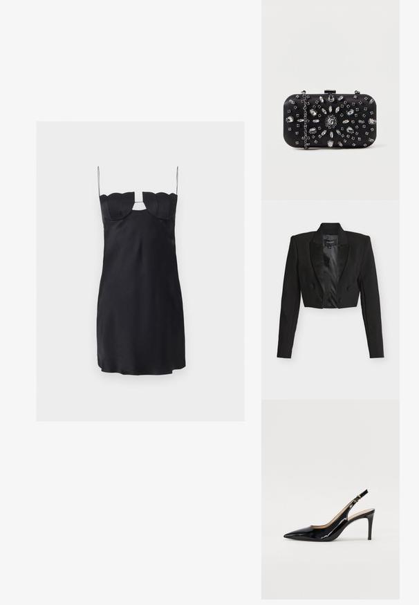 Veste courte noire avec revers en satin, boutons croisés et manches longues. Confectionnée dans un tissu texturé avec une doublure intérieure lisse.; Mini-robe noire avec un buste structuré en forme de coquillage, fines bretelles spaghetti et une découpe en forme de trou de serrure sous le décolleté.; Pompe slingback en cuir verni noir avec un bout pointu, un talon fin et un design de découpes subtil. Elle dispose d'une boucle dorée sur la sangle.; Pochette noire de forme rectangulaire, ornée de divers strass disposés en motifs floraux, dotée d'une chaîne en argent pour le transport.