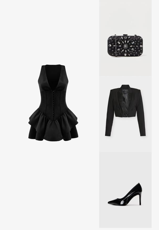 Zwarte cropped blazer met satijnen revers, dubbelgeknoopte knopen en lange mouwen. Gemaakt van gestructureerde stof met een gladde binnenvoering.; OW Collection AUGUSTA - Jerseyjurk - black; Zwarte lakleren hoge hak schoen met spitse neus, gepresenteerd tegen een plain witte achtergrond.; Zwarte clutch met een rechthoekige vorm, versierd met verschillende strass-steentjes in een bloemmotief, voorzien van een zilveren ketting voor het dragen.