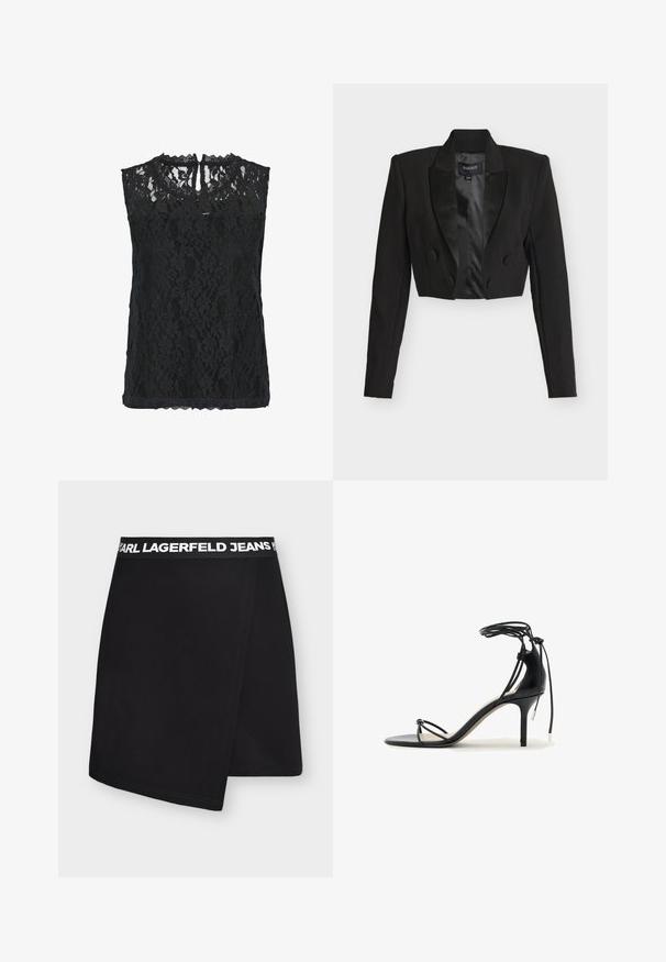 Sort cropped blazer med satin revers, dobbeltradede knapper og lange ærmer. Fremstillet af tekstureret stof med en glat indvendig foring.; Sort blonde ærmeløs top med blomster mønster, scallopet halsudskæring og nøglehul bagpå. Letvægtsstof med tekstureret overflade.; Sort asymmetrisk nederdel med omslagsdetalje og elastisk taljebånd med hvid "KARL LAGERFELD JEANS" tekst.; Sort højhælet sandal med tynde remme, ankelbind og en mellem-høj stilethæl på en hvid baggrund.