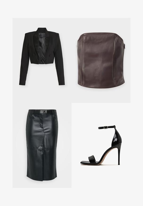 Sort cropped blazer med satin revers, dobbeltradede knapper og lange ærmer. Fremstillet af tekstureret stof med en glat indvendig foring.; Brun læder topløs korsettop med en glat tekstur, struktureret form og rent, minimalistisk design uden synligt hardware.; Sort læder blyantskirt med en mellemlang længde, frontslids, knaplukning og subtile stikninger. Glat, elegant tekstur.; Sorte patentlæder højhælede sandaler med åben tå, ankelrem og en slank, glat finish. Udstyret med en slank stiletthæl.