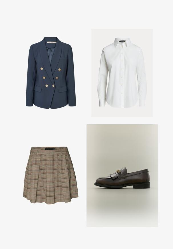 Marineblå dobbeltradet blazer med seks gyldne knapper, revers med hak, to frontlommer med klap, og en brystlomme.; Hvid skjorte med lange ærmer, knapper foran, spids krave og let buet kant.; Vero Moda VMELLIE Mid waist Mini - A-snit nederdel - silver mink; Mørkebrun læderloafer med frynser og guldbeslag på sort sål, vist fra siden på en neutral baggrund.