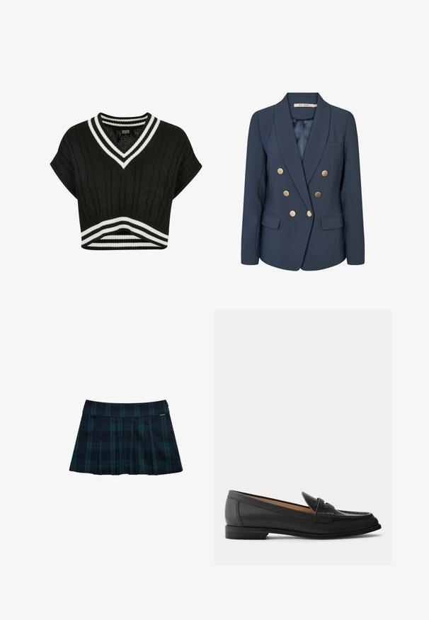 Marineblauwe double-breasted blazer met zes gouden knopen, kraag met inkeping, twee voorzakken met klep en één borstzak met bies.; Zwart cropped sweater met een v-hals, kabelbreisel, korte mouwen en dubbele witte strepen bij de kraag en de zoom.; Geruite geplooide rok in donkergroen en marineblauw met een gladde tailleband en logodetail. Heeft een klassiek, gelaagd plooidesign.; Zwarte leren damesslof met lage hak, afgeronde neus en gestikte details op het bovenwerk, van opzij getoond tegen een effen achtergrond.