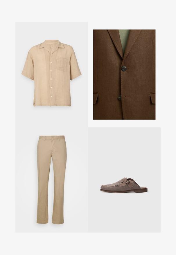Brun tekstureret blazer med hakker i reverset, to mørke knapper lukket og klaplommer på hver side over et grønt beklædningsstykke.; Kortærmet beige linnedskjorte med en notch-krave, forlommer og hvide knapper. Struktureret stof, afslappet pasform og lige kant.; Beige lige bukser i bomuldsstof med flad front og bæltestropper. Har en enkelt knaplukning og opretstående mansjetter.; Brune ruskinds slip-on sko med en rund tå, dekorativ syning og en sidearmbånds spænde. Flad lædersål og struktureret overdel.