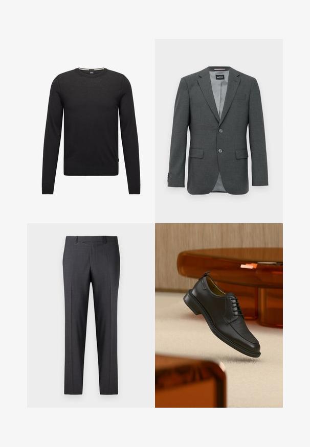 Blazer de hombre en gris oscuro, ajustado, con solapas tipo notch, dos botones, bolsillos de solapa y un forro interior parcialmente visible.; Suéter negro de manga larga hecho de tejido de punto fino. Presenta un cuello redondo y puños y dobladillo acanalados. Diseño minimalista sin patrones.; Pantalones oscuros grises a medida en una tela suave y texturizada; cuentan con un frente plano y piernas rectas; diseño minimalista sin acentos visibles.; Zapato de vestir negro de piel con cordones y parte delantera texturizada, flotando sobre una alfombra beige en una habitación moderna con muebles de tono ámbar.