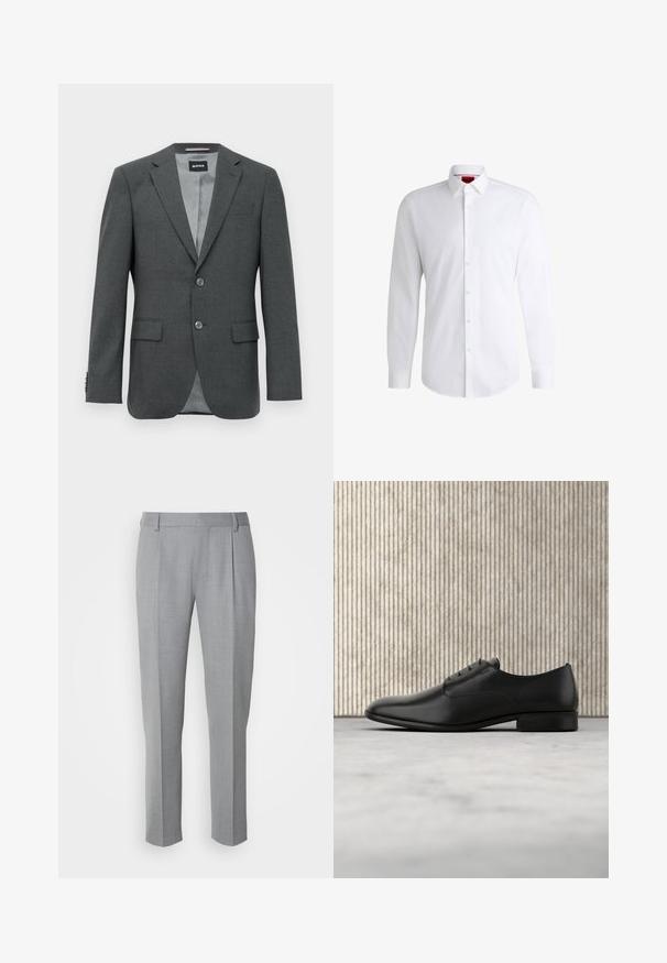 Dunkelgrau maßgeschneiderter Herren-Blazer mit Reverskragen, zwei Knöpfen, Klappentaschen und teilweise sichtbarer Innenausstattung.; Weißes Herrenhemd aus glattem Stoff mit klassischem Kragen, langen Ärmeln und abgerundetem Saum. Mit eleganten beigen Knöpfen an der Vorderseite.; Grau zugeschnittene Hosen mit glatter Textur, flachem Frontbereich, geraden Beinen und dezenten Falten für zusätzliche Details.; Schwarze Leder-Halbschuh mit schlankem Design, runder Zehenform, fünf Ösen für die Schnürsenkel und einem kleinen, erhöhten Absatz. Dezentes, geprägtes Logodetail.