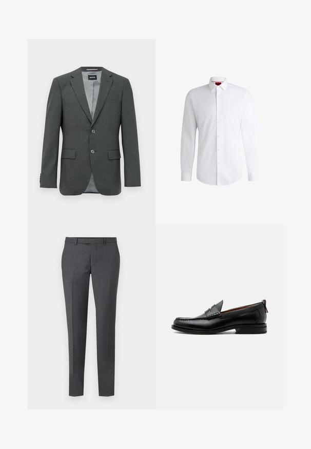 Blazer de hombre en gris oscuro, ajustado, con solapas tipo notch, dos botones, bolsillos de solapa y un forro interior parcialmente visible.; Camisa blanca de botones, confeccionada en tela suave, con collar clásico, mangas largas y dobladillo curvado. Presenta botones beige en la parte delantera.; Pantalones gris ajustados con una textura suave, corte recto, frente plano y passantes para cinturón. Cuenta con un sutil patrón de cuadros y una línea de planchado en el frente.; Mocasín de hombre de piel negra con costura moc toe, tira penny, cuello texturizado y tacón bajo apilado sobre fondo blanco.