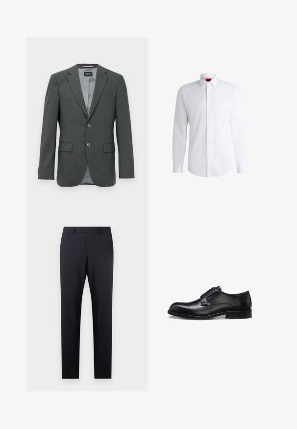 Donkergrijze op maat gemaakte herenblazer met notch revers, twee knopen, klepzakken en een gedeeltelijk zichtbare binnenvoering.; Witte overhemden van soepel materiaal met een klassieke kraag, lange mouwen en een afgeronde zoom. Voorzien van beige knopen aan de voorkant.; Donkerblauwe op maat gemaakte broek met een vlakke front, slim fit, zijzakken en een gladde textuur; geen zichtbare patronen of versieringen.; Zwarte gepolijste leren herenschoen met gesloten vetersluiting, lage hak en subtiel merkteken nabij de hiel op een witte achtergrond.