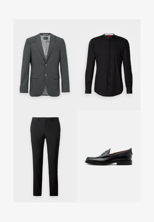 Blazer de hombre en gris oscuro, ajustado, con solapas tipo notch, dos botones, bolsillos de solapa y un forro interior parcialmente visible.; Camisa negra de manga larga con cuello mandarín, confeccionada en una tela suave, con cierre de botones en la parte delantera y detalles de diseño sutiles.; Pantalones negros a medida en una tela suave. Presentan un diseño de pierna recta, pliegues frontales y trabillas para cinturón para un tamaño ajustable.; Mocasín de hombre de piel negra con costura moc toe, tira penny, cuello texturizado y tacón bajo apilado sobre fondo blanco.