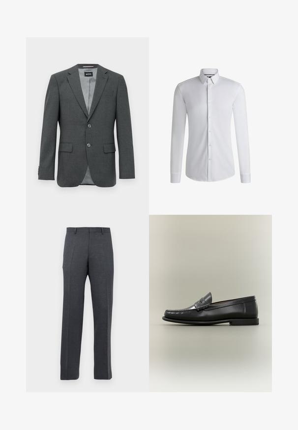 Blazer pour homme en gris foncé, ajusté, avec revers crantés, deux boutons, poches à rabats et doublure intérieure partiellement visible.; Chemise blanche à manches longues en tissu lisse, dotée d'un col boutonné et d'une rangée de boutons sur le devant. Design uni.; Pantalons habillés sur mesure gris foncé pour hommes avec passants de ceinture et plis à l'avant, affichés sur un fond blanc.; Mocassin pour homme en cuir noir avec un design moc-toe, une lanière à monnaie et un talon bas sur un fond neutre.