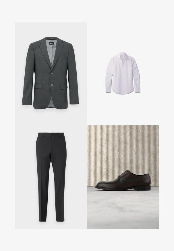 Blazer pour homme en gris foncé, ajusté, avec revers crantés, deux boutons, poches à rabats et doublure intérieure partiellement visible.; Jeune homme aux cheveux courts et bouclés portant une chemise blanche boutonnée et un pantalon noir, debout les mains derrière le dos.; Pantalons tailleur gris foncé avec une texture lisse, coupe slim, devant plat et passants de ceinture, conçus pour une tenue formelle ou professionnelle.; Chaussure habillée en cuir marron avec un bout arrondi, des coutures minimales et une finition lisse. Elle présente un faible talon et un design de laçage simple.