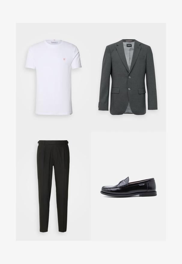 Donkergrijze op maat gemaakte herenblazer met notch revers, twee knopen, klepzakken en een gedeeltelijk zichtbare binnenvoering.; Witte katoenen t-shirt met korte mouwen, met een klein oranje "II" logo op de linkerborst en een ronde halslijn. Eenvoudig ontwerp en textuur.; Zwarte op maat gemaakte broeken met een vlakke voorkant, twee plooien, riemlusjes en een rechte pijpdesign. Gemaakt van een gladde, lichtgewicht stof.; Zwarte leren loafers met een glanzende afwerking, voorzien van een gestikt ontwerp op de neus en een lage, zwarte rubberen zool met structuur.
