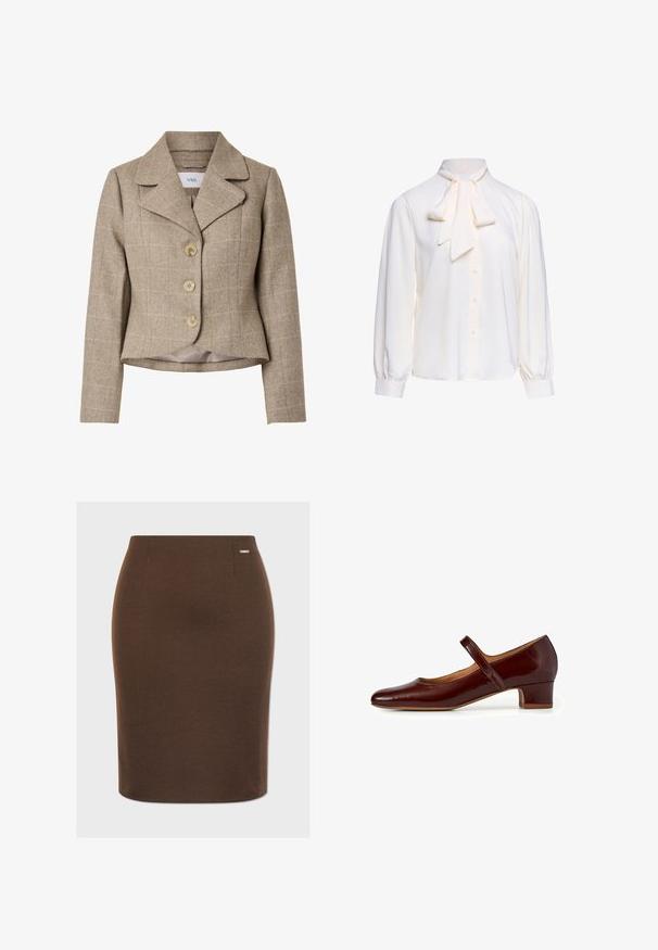 Beige skræddersyet blazer med reverskrave, tre knapper foran, subtilt ternet mønster og lange ærmer, let kortet ved taljen.; Hvid bluse med lange ærmer med knapper foran og en stor bundet sløjfe ved halsudskæringen på en ensfarvet baggrund.; Brun blyantskørter i strækstof med en glat tekstur. Har en tætsiddende silhuet og et lille metallogo på taljen.; Mary Jane sko i dyb burgundy patentlæder, med en afrundet tå, en lav blokhæl og en justerbar rem over vristen.