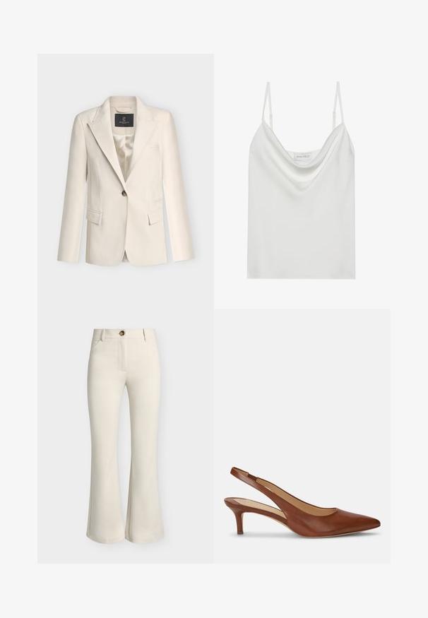 Cremefarbener, maßgeschneiderter Blazer mit Ein-Knopf-Verschluss, Spitzenrevers, Pattentaschen und glattem Satinfutter.; Weiße Satin-Camisole mit drapiertem Ausschnitt, dünnen verstellbaren Trägern und geradem Saum. Das Etikett "ANNA FIELD" ist sichtbar innen.; Beige, hoch taillierte Hose mit Fronttaschen, Knopfverschluss und leicht ausgestellten Beinen vor einfarbigem Hintergrund.; Brauner Leder-Damenslingback mit spitzer Schuhspitze und niedrigem Kittenabsatz auf weißem Hintergrund.