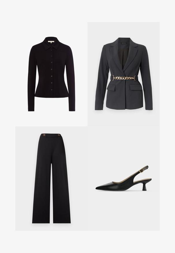 Zwarte op maat gemaakte blazer met revers, lange mouwen, twee klepzakken aan de voorkant en een decoratieve gouden kettingriem in de taille.; Zwarte lange mouwen shirt met een kraagnek, met een knoopsluiting aan de voorkant en een getailleerde vorm, gemaakt van een gladde stof.; Zwarte wijde broek met hoge taille, voorzien van twee bruine knopen en een gladde, gestructureerde stof. Geen patronen of extra accenten.; Zwarte slingback schoen met spitse neus, lage uitlopende hak en gouden gespsluiting, getoond op een effen lichte achtergrond.