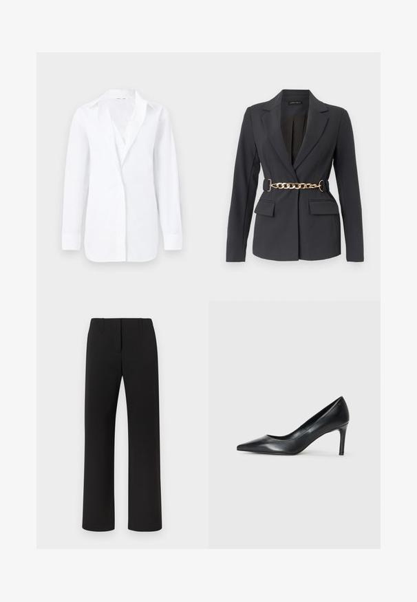 Blazer ajustado negro con solapas, mangas largas, dos bolsillos delanteros con solapa y un cinturón decorativo de cadena dorada en la cintura.; Camisa blanca de manga larga con botones y cuello, mostrada plana sobre un fondo claro, que exhibe un ajuste entallado y una tela lisa.; Pantalones negros de corte recto, con una textura suave, cierre frontal oculto y dos bolsillos delanteros.; Zapato de tacón negro de cuero con punta afilada y un tacón delgado, textura suave y sin adornos visibles. Diseño limpio con una estética minimalista.