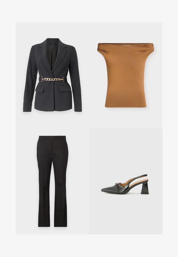 Blazer noir sur mesure avec revers, manches longues, deux poches avant à rabat, et une ceinture décorative en chaîne dorée à la taille.; Haut marron ajusté à épaules dénudées avec un léger froncé au niveau de l'encolure, présenté sur un fond clair uni.; Pantalon noir sur mesure à jambes droites, taille avec une petite ceinture et une boucle, présenté sur un fond clair uni.; Chaussure slingback en cuir verni noir avec un bout pointu, un talon triangulaire et une sangle décorative avec des accents en argent. Texture lisse.