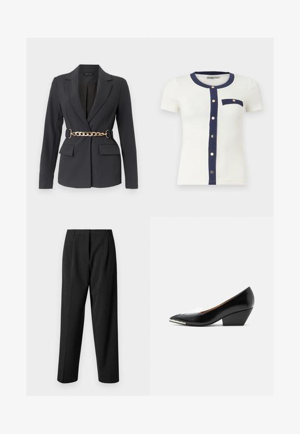 Blazer noir sur mesure avec revers, manches longues, deux poches avant à rabat, et une ceinture décorative en chaîne dorée à la taille.; Haut blanc à manches courtes avec bordure bleu marine le long du col rond, patte de boutonnage avant et poche poitrine unique avec boutons dorés.; Pantalons noirs ajustés à coupe droite, avec un tissu texturé, des plis sur le devant et une ceinture lisse.; Chaussure femme noire à talon bas avec bout pointu, bride transparente et détail blanc sur l'avant de la semelle, vue de profil sur fond blanc.