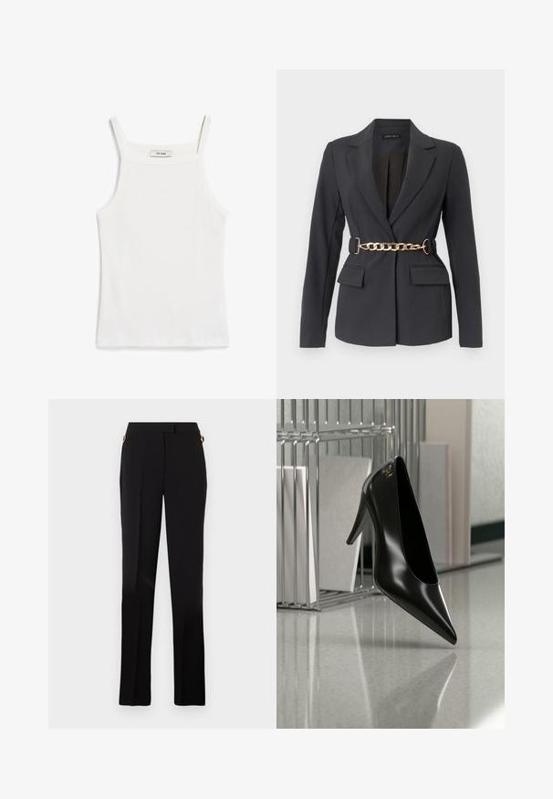 Zwarte op maat gemaakte blazer met revers, lange mouwen, twee klepzakken aan de voorkant en een decoratieve gouden kettingriem in de taille.; Witte tanktop met dunne banden, gemaakt van ribkatoenen stof, met een rechte halslijn en een nette afwerking aan de zoom.; Zwarte broek met een rechte pijp, voorzien van zijzakken en gouden hardware accenten bij de taille. Soepele textuur.; Zwart hooggehakt schoen met puntige neus en gouden logo, geplaatst op een reflecterend oppervlak naast een verchroomde draadordner met documenten.