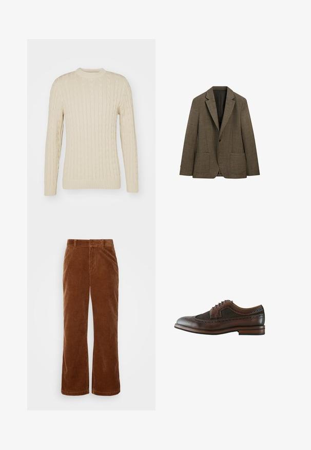 Brun enkeltknaps blazer med lille ternet mønster, hakkede revers, forlommer med lap, og lange ærmer, vist på hvid baggrund.; Kabelstrikket sweater i lys creme. Har rund halsudskæring, lange ærmer, ribbede manchetter og kant, samt et struktureret overflademønster.; Brune fløjl bukser med et bredbenet design, der har vertikalt ribbet tekstur, en knaplukning og standard bælteløkker.; Mørkebrun læder wingtip brogue sko med dekorative perforeringer, snørelukning og træsål med lagdelt hæl.