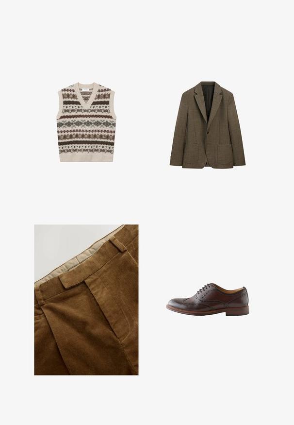 Bruine blazer met één knoop, klein ruitpatroon, met ingezette revers, voorzakken met lap en lange mouwen, afgebeeld op een witte achtergrond.; Les Deux HORDUR FAIR ISLE - Trui - sand; Bruine corduroybroek met een gestructureerde oppervlakte, gekenmerkt door een rechte snit en gestikte voorplooien. De tailleband heeft een voering van lichter stof.; Donkerbruine leren wingtip brogue schoen met geperforeerde details en veters, getoond vanaf de buitenzijde op een witte achtergrond.