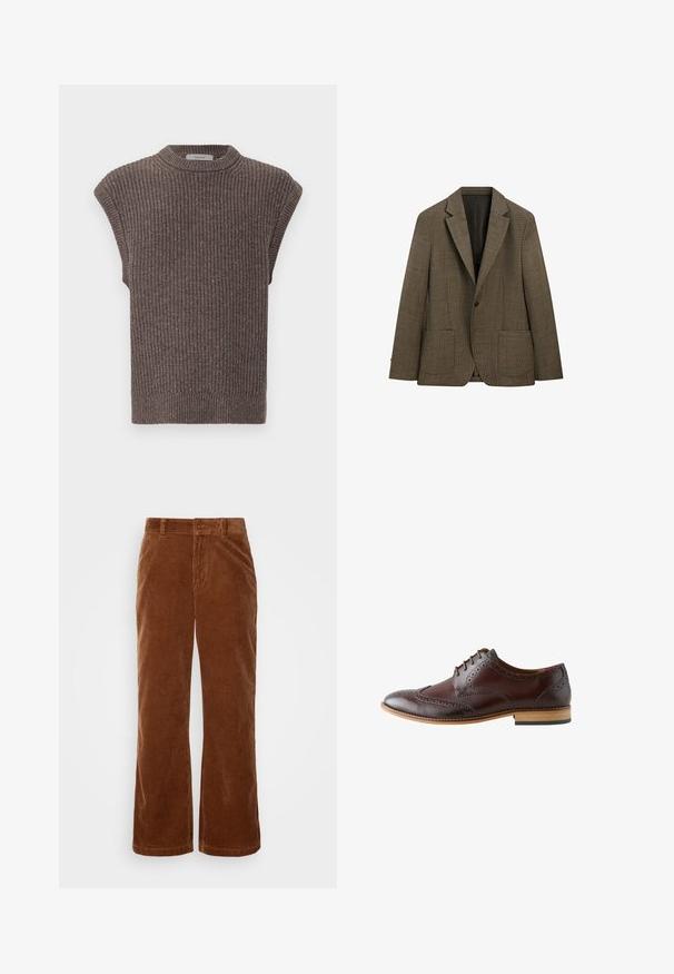 Brun enkeltknaps blazer med lille ternet mønster, hakkede revers, forlommer med lap, og lange ærmer, vist på hvid baggrund.; Brun strikket ærmeløs top med ribbet tekstur, høj krave og sideslidser. Har en tætsiddende kant og blødt stof.; Brune fløjl bukser med et bredbenet design, der har vertikalt ribbet tekstur, en knaplukning og standard bælteløkker.; Mørkebrun læder brogue festsko med wingtip-detaljer, lukket snørebinding og lystræsål, set fra ydersiden.