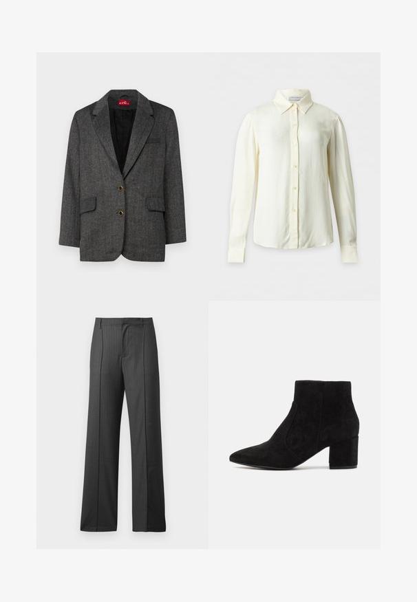 Blazer en chevron gris avec deux poches avant et des accents de boutons dorés. Les revers crantés et une doublure noire complètent le design structuré.; Blouse crème à manches longues avec col pointu et boutons devant, présentée sur un fond uni sans motifs ni objets supplémentaires.; Pantalons gris ajustés avec un motif à rayures fines, coupe large et devant plat. Fabriqués en tissu tissé avec une texture lisse.; Bottines en suede noir avec un bout pointu et un talon carré. Le design est élégant avec des panneaux latéraux sans coutures, créant un look minimaliste.