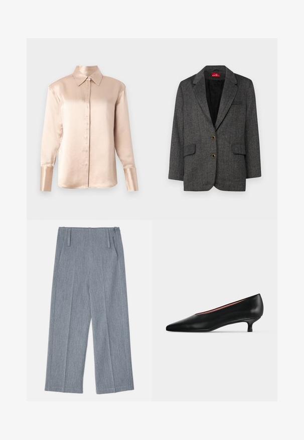 Blazer en chevron gris avec deux poches avant et des accents de boutons dorés. Les revers crantés et une doublure noire complètent le design structuré.; Blouse en satin beige doux avec un col classique, des manches longues, un devant boutonné et une coupe légèrement oversize. Texture lisse, détails minimalistes.; Pantalons larges gris clair en tissu texturé, avec deux plis avant et deux poches latérales. Design épuré et ajusté.; Escarpin en cuir noir avec un bout pointu et un petit talon bas, présenté en profil latéral sur un fond clair uni.