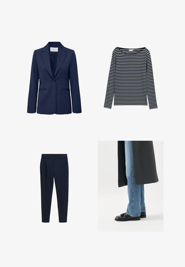Blazer entallado de color azul marino con cierre de un solo botón, dos bolsillos frontales y cuello con muesca. Tejido suave con un ligero brillo.; Camisa de manga larga a rayas en azul marino y blanco con un escote ancho, hecha de un material suave, que presenta rayas horizontales de igual tamaño.; Pantalones de corte entallado en azul marino, con pasadores para cinturón, bolsillos laterales y un pliegue frontal.; Mocasines de cuero negro con borlas, combinados con jeans rectos de color azul claro, complementados por un abrigo gris oscuro. Líneas limpias y tejido texturizado.