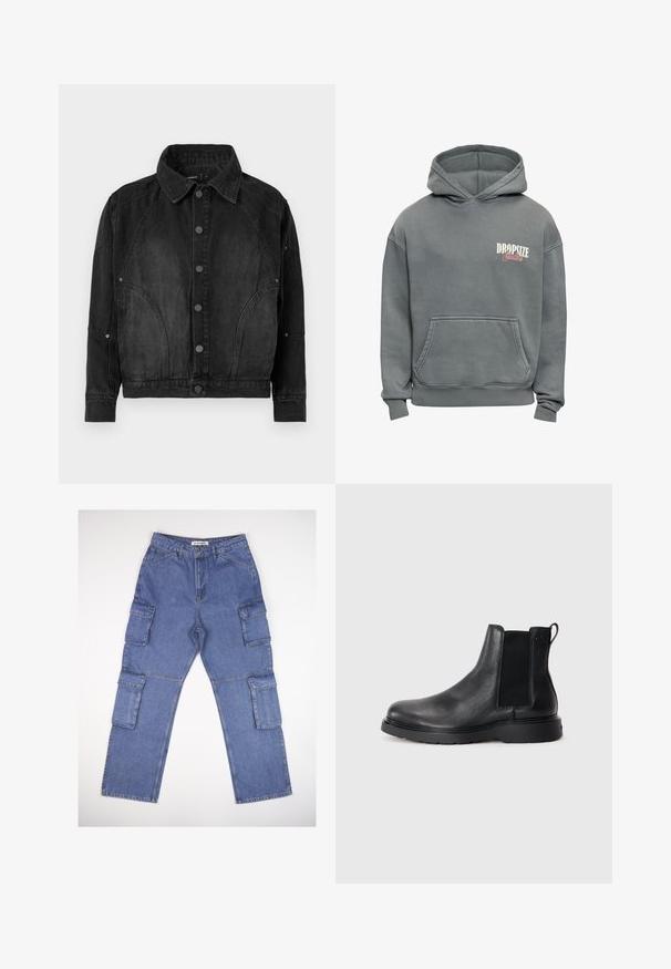 Zwarte denimjacket met knoopsluiting aan de voorkant, puntige kraag, lange mouwen en gebogen naaddetails aan de voorkant en mouwen.; Grijze hoodie met voorzak en "Dropsize Studios" logo in wit en roze op de linkerborst.; Blauwe denim cargobroek met meerdere zijzakken, een rechte pasvorm en een klassieke tailleband. De stof heeft een lichte textuur en vervaging.; Zwarte leren Chelsea boots met een gestructureerde afwerking, elastische zijpanelen en een stevige rubberen zool. Subtiele branding op de hiel.