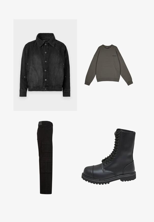 Schwarze Denimjacke mit Knopfverschluss, spitzem Kragen, langen Ärmeln und abgerundeten Nahtdetails an der Vorderseite und den Ärmeln.; Pegador LOGO - Strickpullover - anthracite; Schwarze Cargohose mit mehreren großen Überschlagtaschen, Gürtelschlaufen und geradem Beinanschnitt, seitlich dargestellt.; Schwarze Lederkampfstiefel mit hohem Schaft, Schnürung an der Vorderseite, gepolstertem Kragen und rutschfester, strukturierter Sohle für guten Halt. Mit verstärkter Zehenkappe.