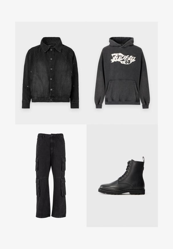 Schwarze Denimjacke mit Knopfverschluss, spitzem Kragen, langen Ärmeln und abgerundeten Nahtdetails an der Vorderseite und den Ärmeln.; Dunkelgrauer Hoodie aus Baumwolle mit einer aufgesetzten Kängurutasche vorne und einem übergroßen Schnitt. Weißer Grafikdruck auf der Brust mit einem Used-Effekt.; Schwarze Cargo-Hosen aus Denim, mit lockerer Passform, mehreren Seitentaschen und genähten Details. Die Textur ist leicht verblasst.; Schwarze Lederstiefelette mit runder Zehenform, Schnürdesign und Metallösen. Verfügt über eine strukturierte Sohle und einen Zuglasche an der Ferse für einfachen Einstieg.