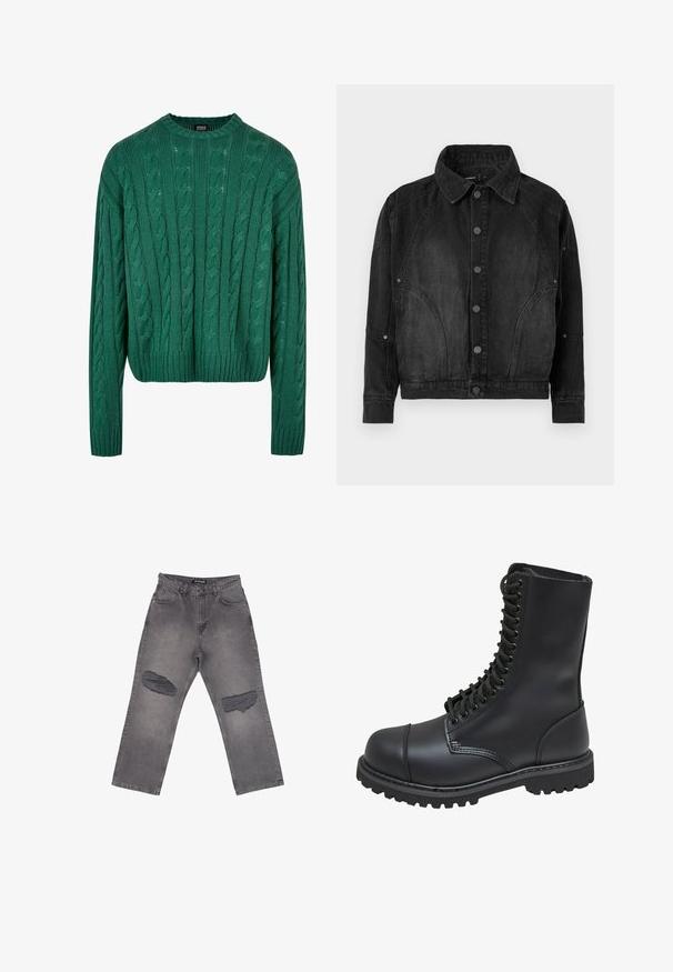 Chaqueta de mezclilla negra con cierre de botones, cuello puntiagudo, mangas largas y detalles de costura curvada en el frente y las mangas.; Suéter verde de punto trenzado con cuello redondo y mangas largas. Presenta un diseño corto y un patrón texturizado en toda la prenda.; Vaqueros de mezclilla gris de cintura alta con piernas anchas y grandes parches desgastados en ambas rodillas, con bolsillos delanteros y trabillas para el cinturón.; Bota de combate de cuero negro con caña alta, parte frontal con cordones, cuello acolchado y suela texturizada resistente para un buen agarre. Presenta una puntera reforzada.