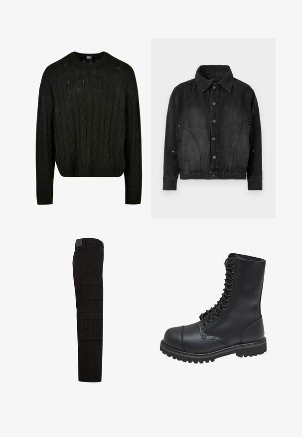 Veste en denim noir avec un devant à boutons, un col pointu, des manches longues et des coutures arrondies sur le devant et les manches.; Pull en tricot noir avec des motifs en maille torsadée, col rond, épaules tombantes et ourlet côtelé. Design mi-crop avec une finition texturée.; Pantalon cargo noir avec plusieurs grandes poches à rabat, passants de ceinture, et une coupe droite, vu de côté.; Botte de combat en cuir noir avec un haut tige, fermeture lacée à l'avant, col rembourré et semelle texturée robuste pour une meilleure adhérence. Dotée d'un capuchon de protection renforcé.