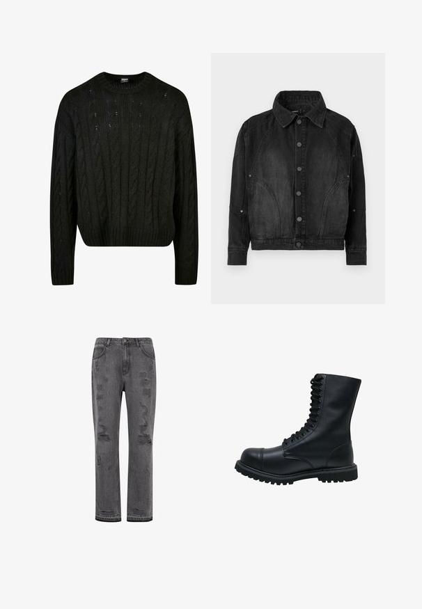 Zwarte denimjacket met knoopsluiting aan de voorkant, puntige kraag, lange mouwen en gebogen naaddetails aan de voorkant en mouwen.; Zwart gebreid sweater met kabelpatronen, ronde hals, verlaagde schouders en geribbelde zoom. Halve crop ontwerp met een textuurafwerking.; Grijze denim rechtvaardige jeans met verweerde details, met zichtbare scheuren en een licht afgeronde zoom, en sluiting met zilverkleurige knopen.; Zwarte leren veterschoen met een ronde neus, hoge schacht, dikke rubberen zool en een gestructureerd oppervlak. Heeft versterkte stiksels langs de naden.