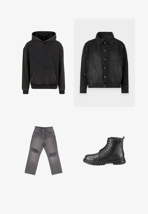 Veste en denim noir avec un devant à boutons, un col pointu, des manches longues et des coutures arrondies sur le devant et les manches.; Urban Classics Sweat à capuche - magnet; Jean denim gris taille haute avec jambes larges et grandes zones abîmées sur les deux genoux, avec poches avant et passants pour ceinture.; Bottines en cuir noir à bout rond, avec un laçage à l'avant, une surface texturée et une semelle en caoutchouc épaisse, dotées d'une languette à l'arrière.