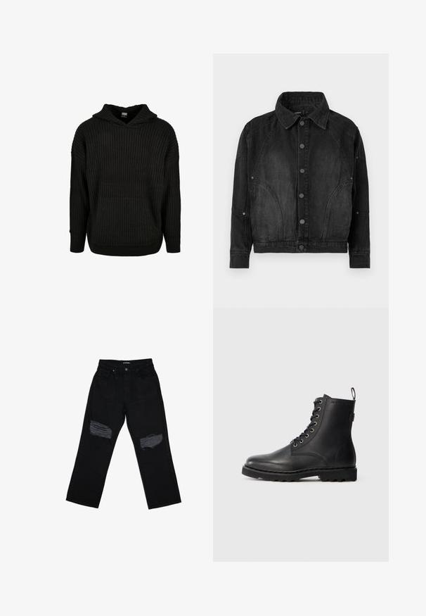 Veste en denim noir avec un devant à boutons, un col pointu, des manches longues et des coutures arrondies sur le devant et les manches.; Hoodie noir en tricot côtelé avec une poche avant et une capuche à cordon. Présente une coupe ample et un motif texturé sur le tissu.; Jean en denim noir avec une coupe décontractée, présentant des déchirures effilochées au niveau des genoux à l'avant et une taille standard avec une fermeture à bouton.; Bottine en cuir noir avec bout rond, design à lacets et œillets métalliques. Dispose d'une semelle texturée et d'une languette au talon pour un enfilage facile.