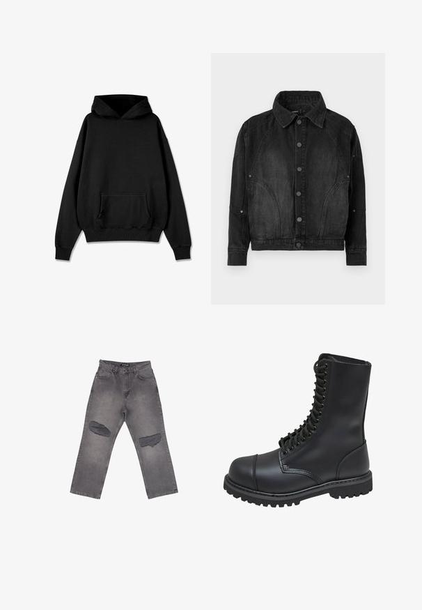 Mustast denimpaisust jakk, millel on nööpidega esikülg, terav krae, pikad varrukad ning kaarjad õmblused esiküljel ja varrukatel.; Pegador LOGO OVERSIZED HOODIE - Kapuutsiga pusa - vintage black black; Kõrge vöökohaga hallid denimist teksapüksid laiade säärte ja suurte kulunud plekkidega mõlemal põlvel, esikülje taskute ja vööaasadega.; Mustmust musta sõjaväe king, millel on kõrge varreosa, nöörimise esiosa, pehmendatud krae ja robustne tekstuuriga tall, et tagada haardumine. Omab tugevdatud varvaste osa.