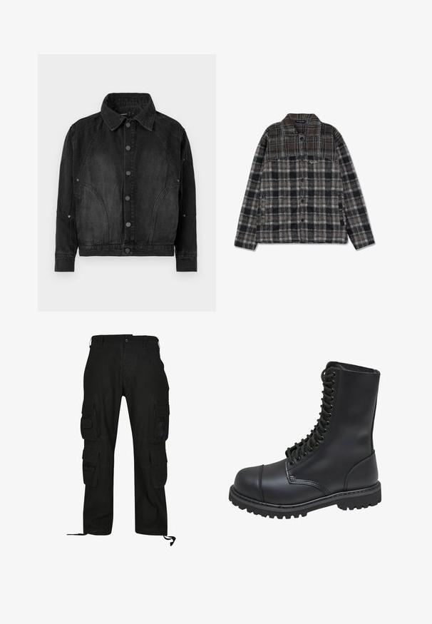 Zwarte denimjacket met knoopsluiting aan de voorkant, puntige kraag, lange mouwen en gebogen naaddetails aan de voorkant en mouwen.; Geruite flanellen bloesjas in aardetinten van bruin, zwart en grijs, met een knoopsluiting aan de voorkant, twee zijzakken en een zachte textuur.; Zwarte cargobroek van duurzaam materiaal, met meerdere zijzakken, een relaxed fit en verstelbare enkelbanden.; Zwarte leren gevechtslaars met een hoge schacht, vetersluiting aan de voorkant, gewatteerde kraag en een stevige, gestructureerde zool voor grip. Bevat een versterkte neus.